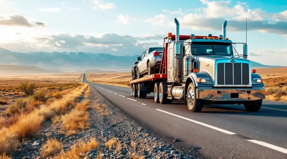 Flatbed tow truck transporting a sedan on an open Ohio highway near Cleveland under clear skies, representing long distance towing.