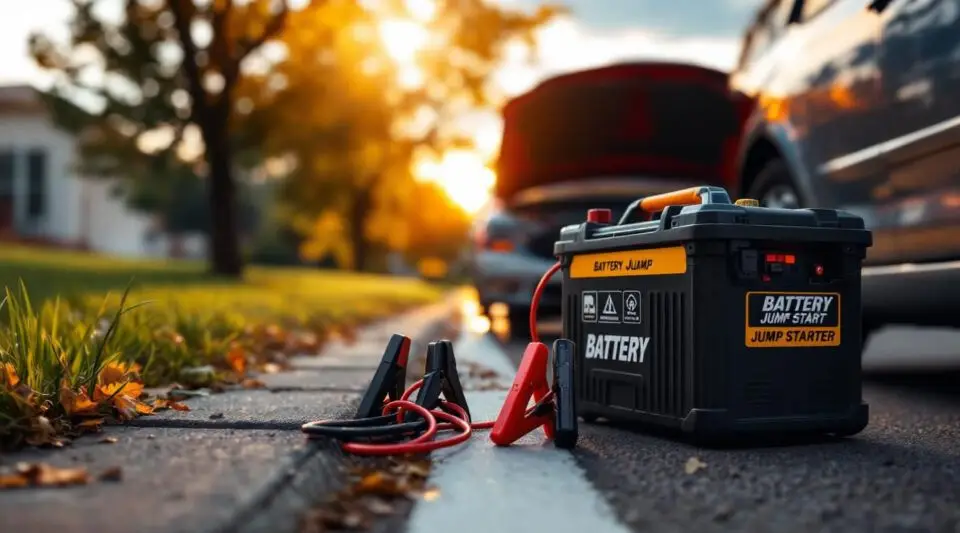 A SAPA Towing technician connecting heavy-duty jumper cables to a dead car battery on a cold Cleveland roadside.