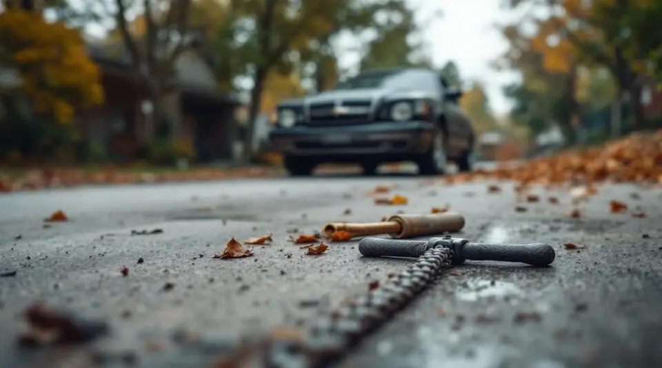 A professional flatbed tow truck loading an inoperable, weathered sedan from a Cleveland driveway under an overcast sky.