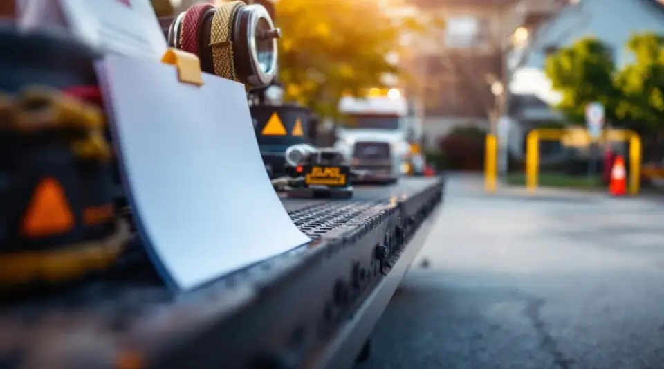 A SAPA Towing flatbed truck preparing to tow an illegally parked sedan from a Cleveland commercial lot during twilight.